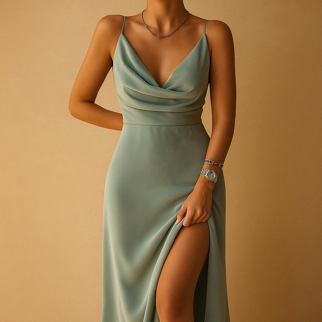 Elegant women’s maxi dress with a flowing fit and V-neckline, perfect for weddings, galas, and other formal occasions.