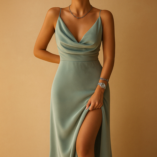 Elegant women’s maxi dress with a flowing fit and V-neckline, perfect for weddings, galas, and other formal occasions.