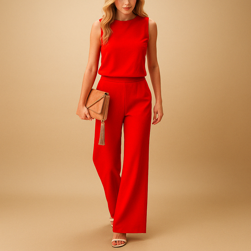 Women’s elegant wide-leg jumpsuit with mid-waist fit and round neckline, perfect for work, evenings, and formal occasions.