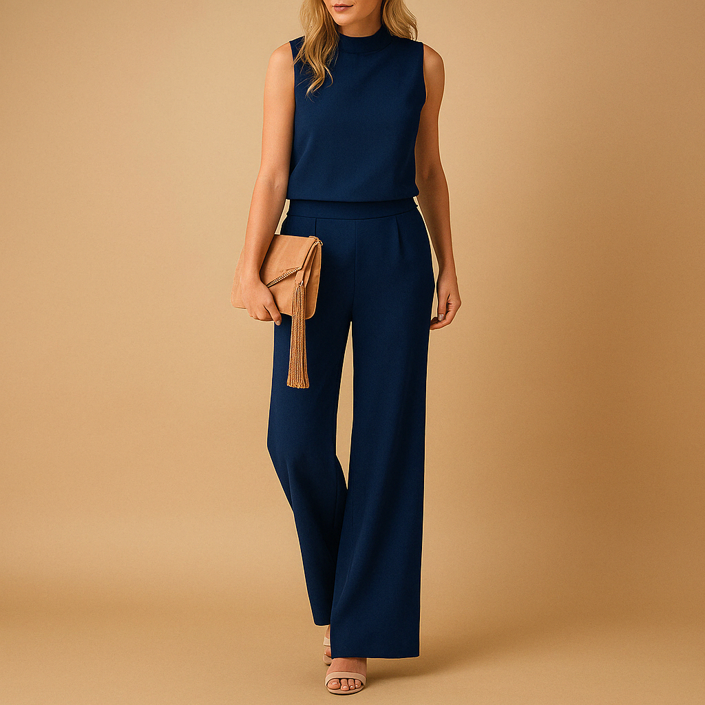 Women’s elegant wide-leg jumpsuit with mid-waist fit and round neckline, perfect for work, evenings, and formal occasions.