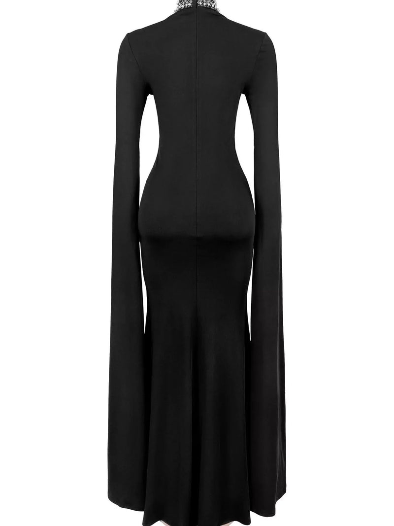 Formal Dress for Women with Rhinestone Panel and Split Cape Sleeves in Black, back view 3