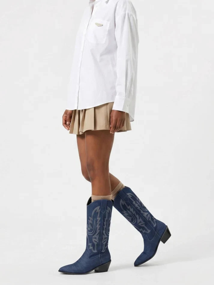 Embroidered Denim Cowboy Boots for Women with Pointed Toe and Block Heel in Blue, styled front view 2