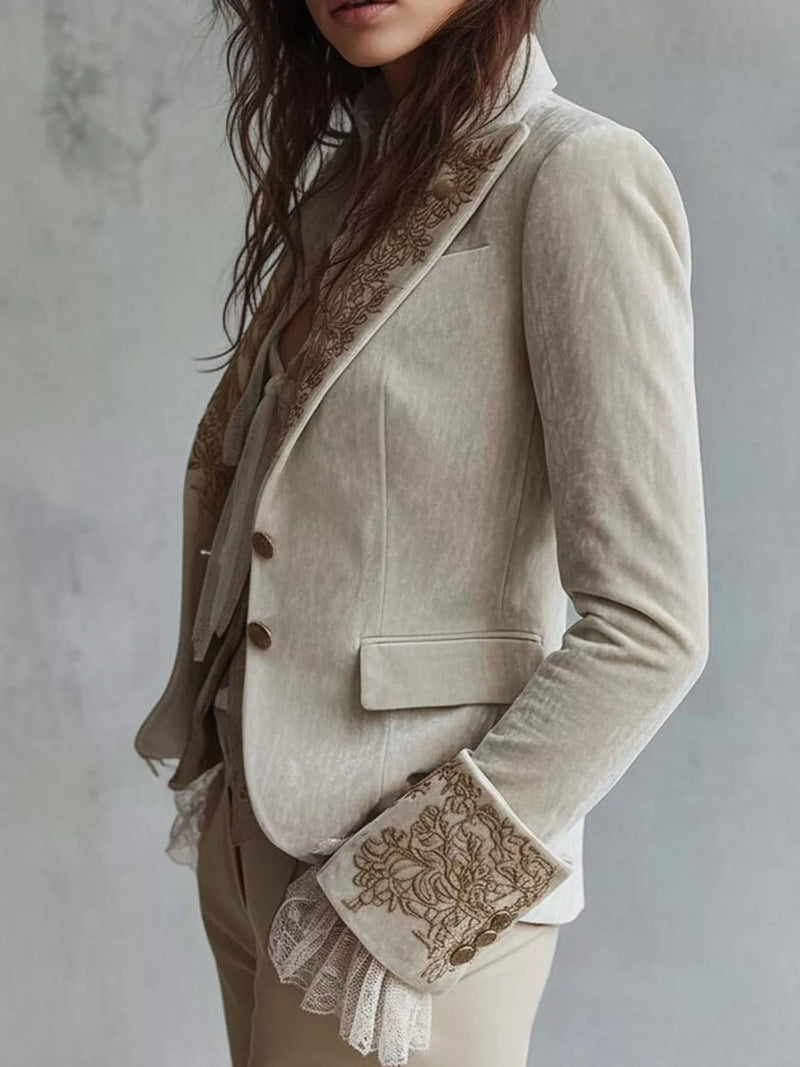 Embroidered Velvet Blazer for Women with Notch Lapels and Flap Pockets in Ivory, side view