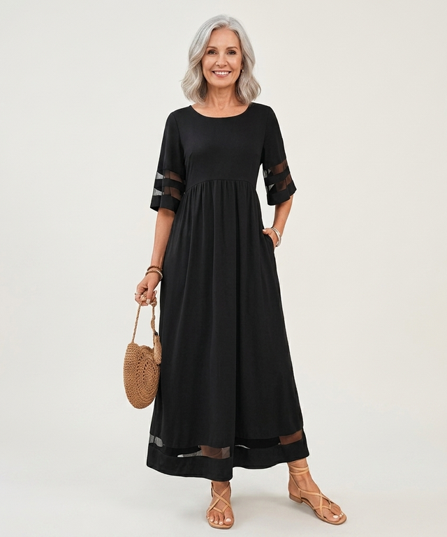 Empire Waist Midi Dress for Women with Sheer Stripe Sleeves and Pockets in Black, front view