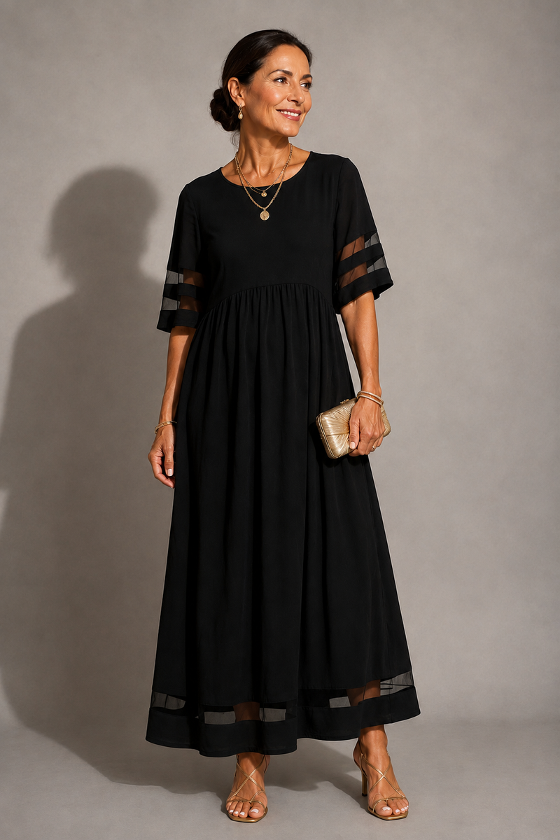 Empire Waist Midi Dress for Women with Sheer Stripe Sleeves and Pockets in Black, front view 2