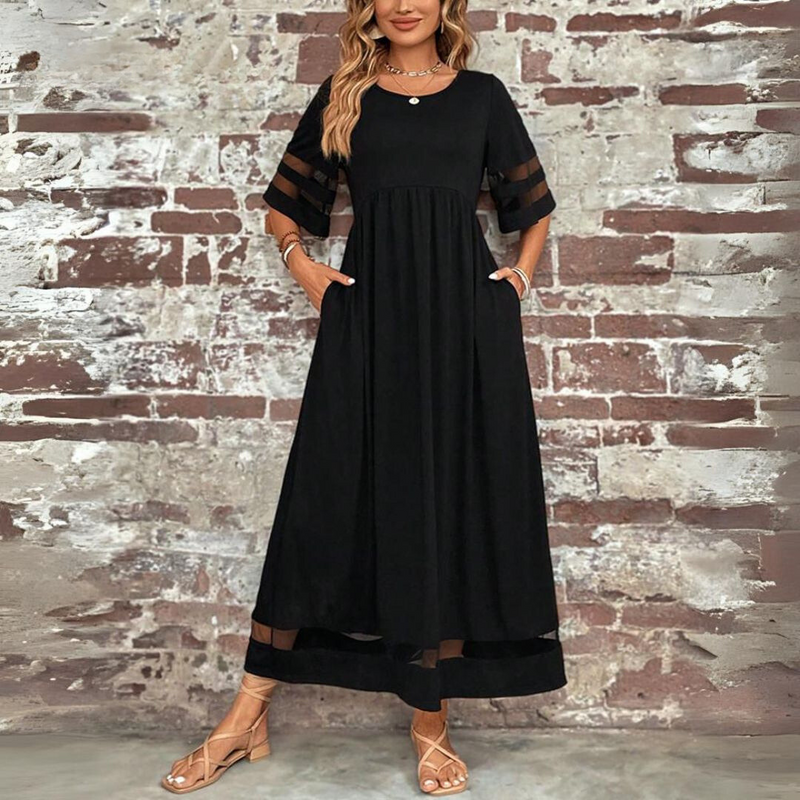 Empire Waist Midi Dress for Women with Sheer Stripe Sleeves and Pockets in Black, front view 4