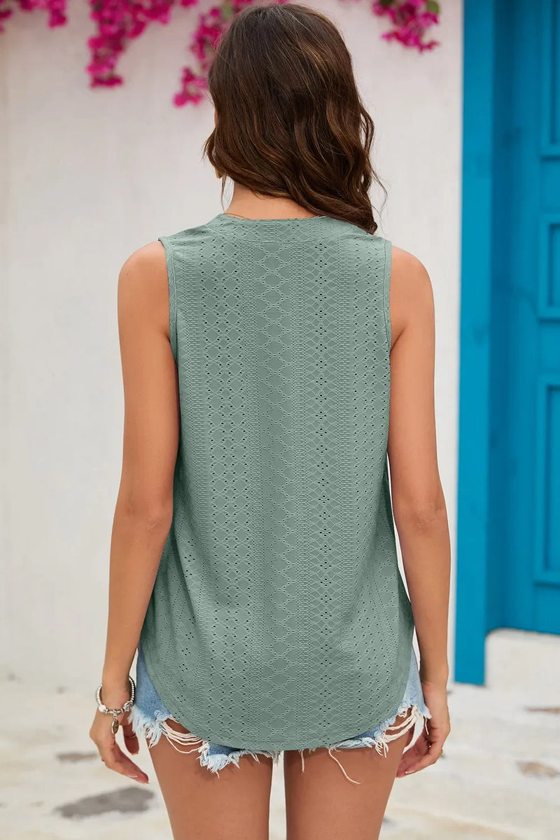 V Neck Top for Women with Sleeveless Eyelet Knit and Curved Hem in Sage, back view