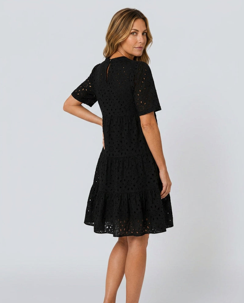 Short Sleeve A-Line Dress for Women with Eyelet Lace and Ruffle Hem, studio front view