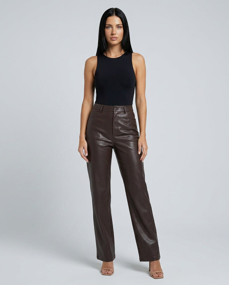 Faux Leather Straight Leg Pants for Women with High Waist in Brown, front view