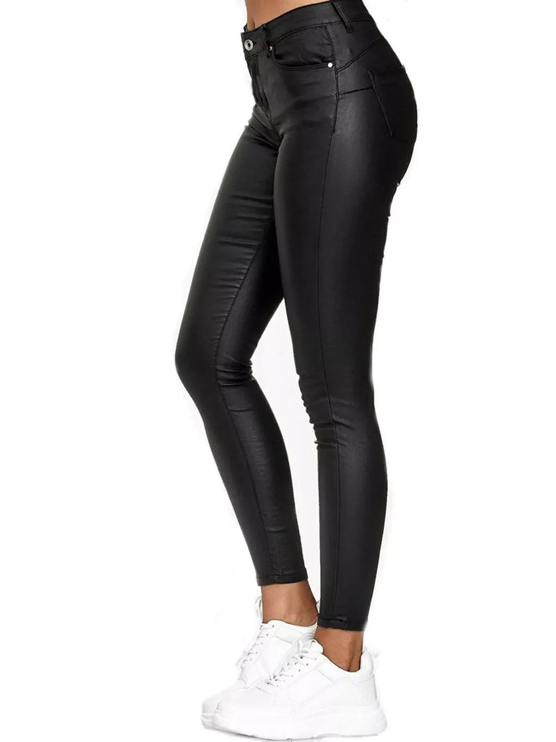 Faux Leather Skinny Pants for Women with High Waist and Five Pockets in Black, side view