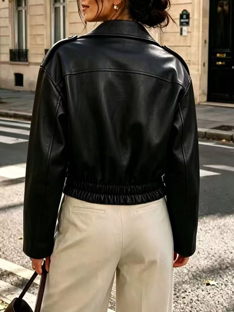 Faux Leather Moto Jacket for Women with Asymmetric Zip and Smocked Hem in Black, back view