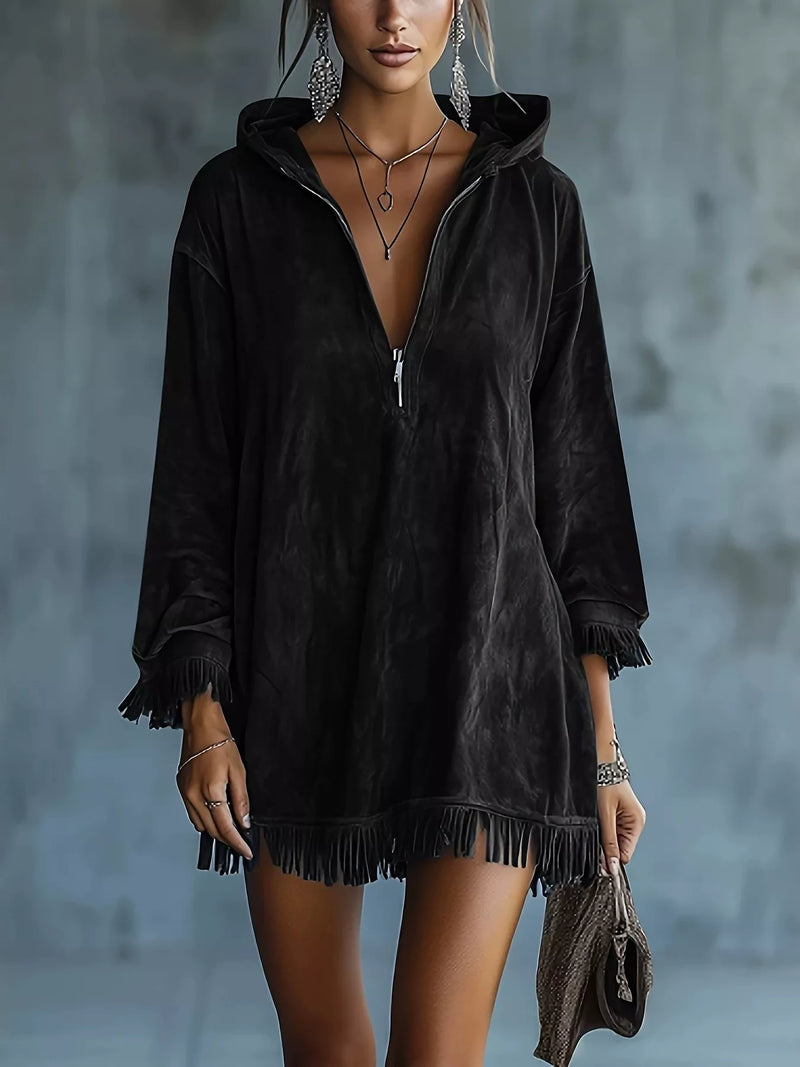Mini Dress for Women with Faux Suede Hood, Half Zip and Fringe Trim in Black, front view