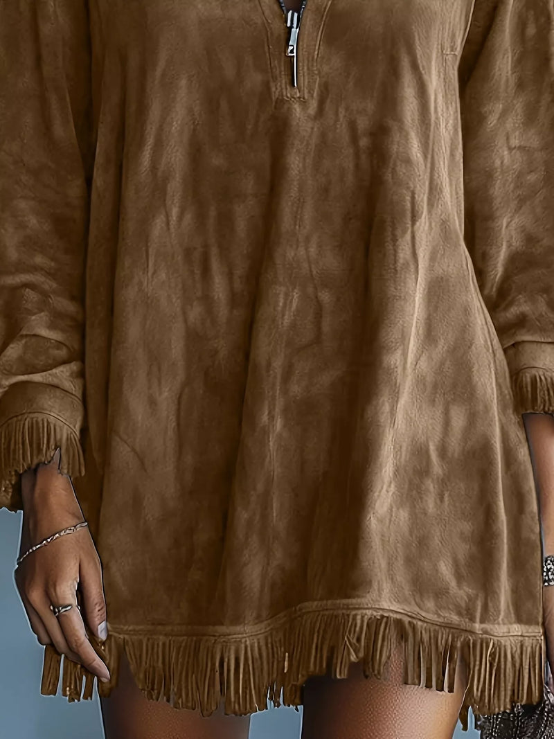 Mini Dress for Women with Faux Suede Hood, Half Zip and Fringe Trim in Brown, fringe hem close-up