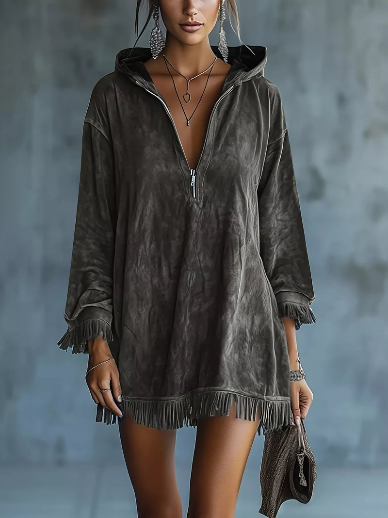 Mini Dress for Women with Faux Suede Hood, Half Zip and Fringe Trim in Gray, full front view