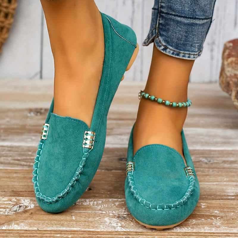 Faux Suede Moccasin Loafers for Women with Stitched Toe and Nubbed Sole in Teal, front view