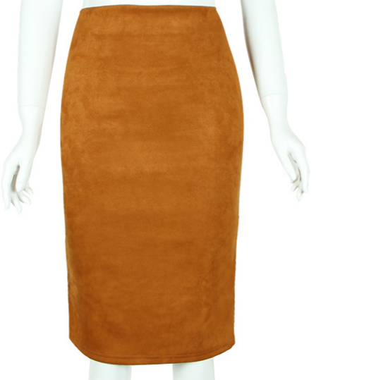 Faux Suede Pencil Skirt for Women with High Waist and Midi Length in Camel, mannequin front view 4