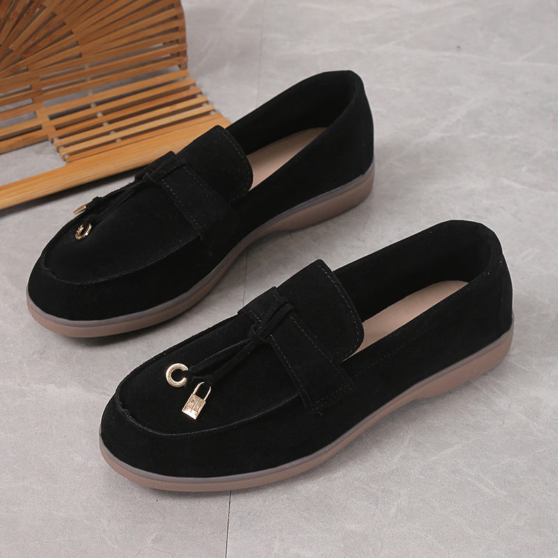 Faux Suede Slip On Loafers for Women with Round Toe and Charm Detail in Black, three-quarter view
