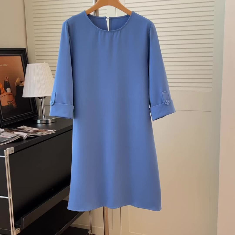 Linen Shift Dress for Women with 3/4 Sleeves and Side Pockets, studio back view