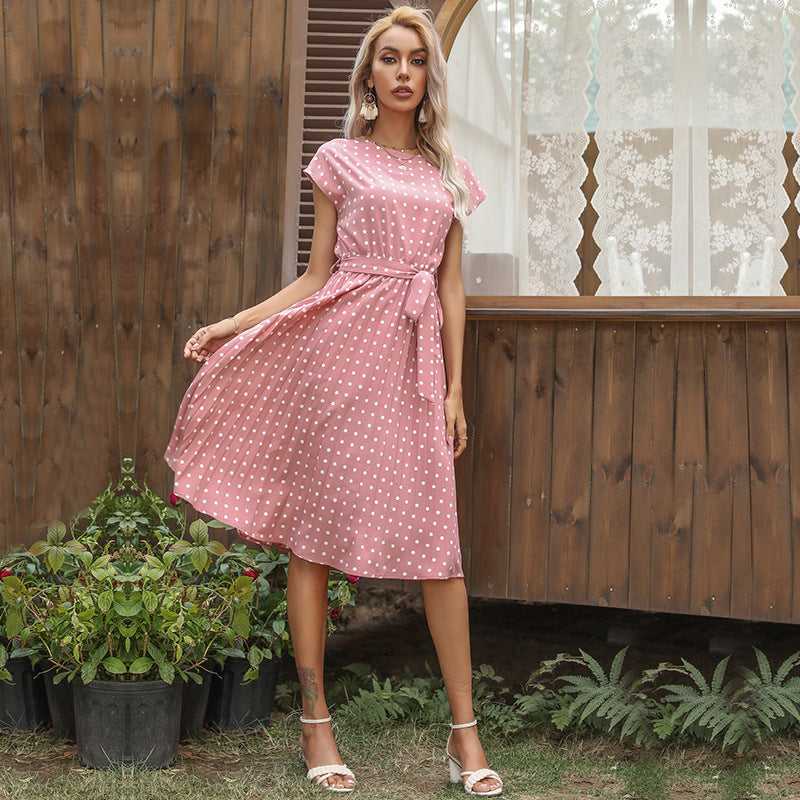 Short Sleeve Midi Dress for Women with Polka Dot Print and Tie Waist in Pink, studio front view