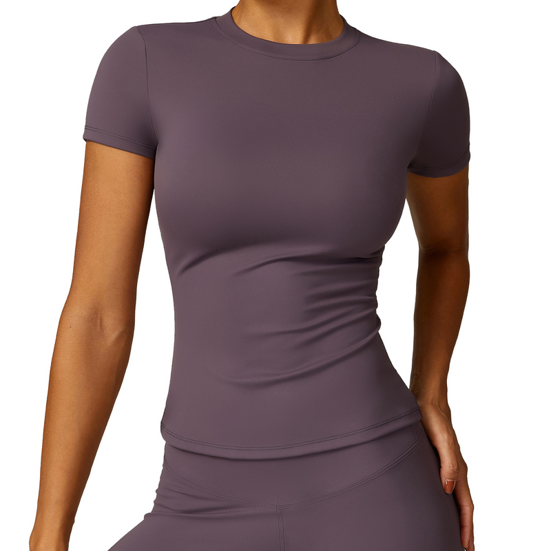 Fitted Running T-Shirt for Women with Crew Neck and Short Sleeves in Eggplant, front view 5