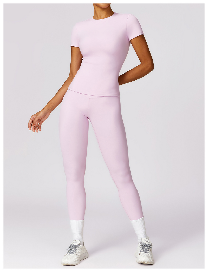 Fitted Running T-Shirt for Women with Crew Neck and Short Sleeves in Light Pink, full length view with leggings 4