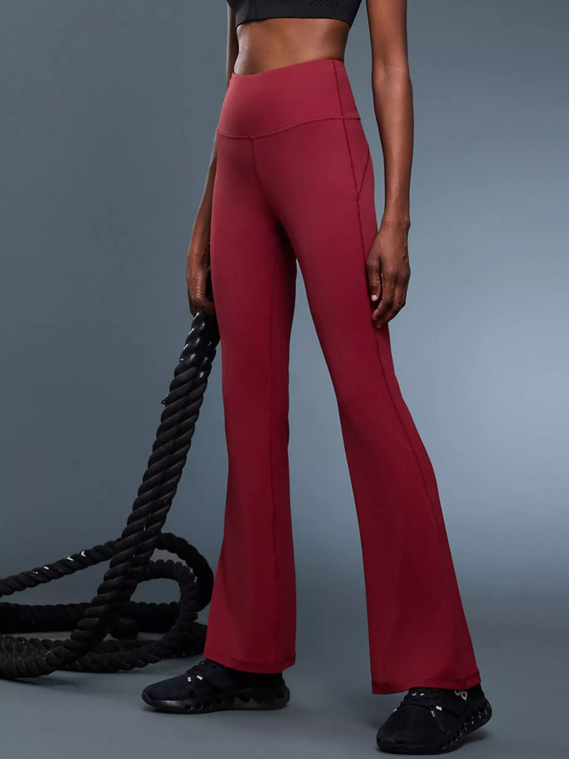 Flared Leggings for Women with High Waist and Back Waistband Pocket in Burgundy, side view