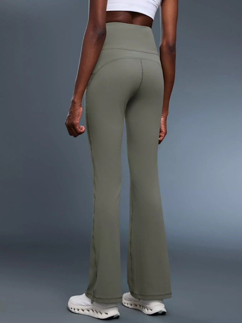 Flared Leggings for Women with High Waist and Back Waistband Pocket in Sage, back view