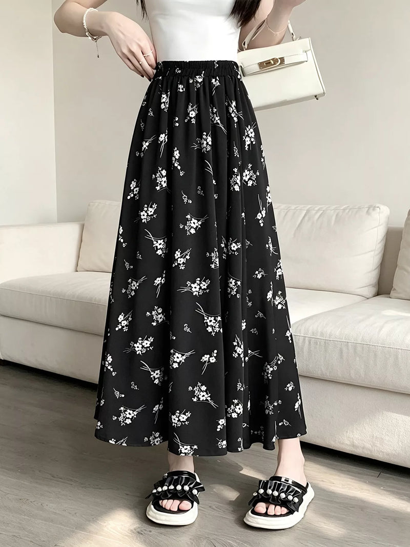 Floral A Line Maxi Skirt for Women with Elastic High Waist in Black, full front view