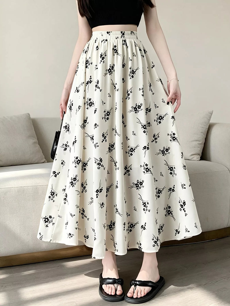 Floral A Line Maxi Skirt for Women with Elastic High Waist in White, front view sofa