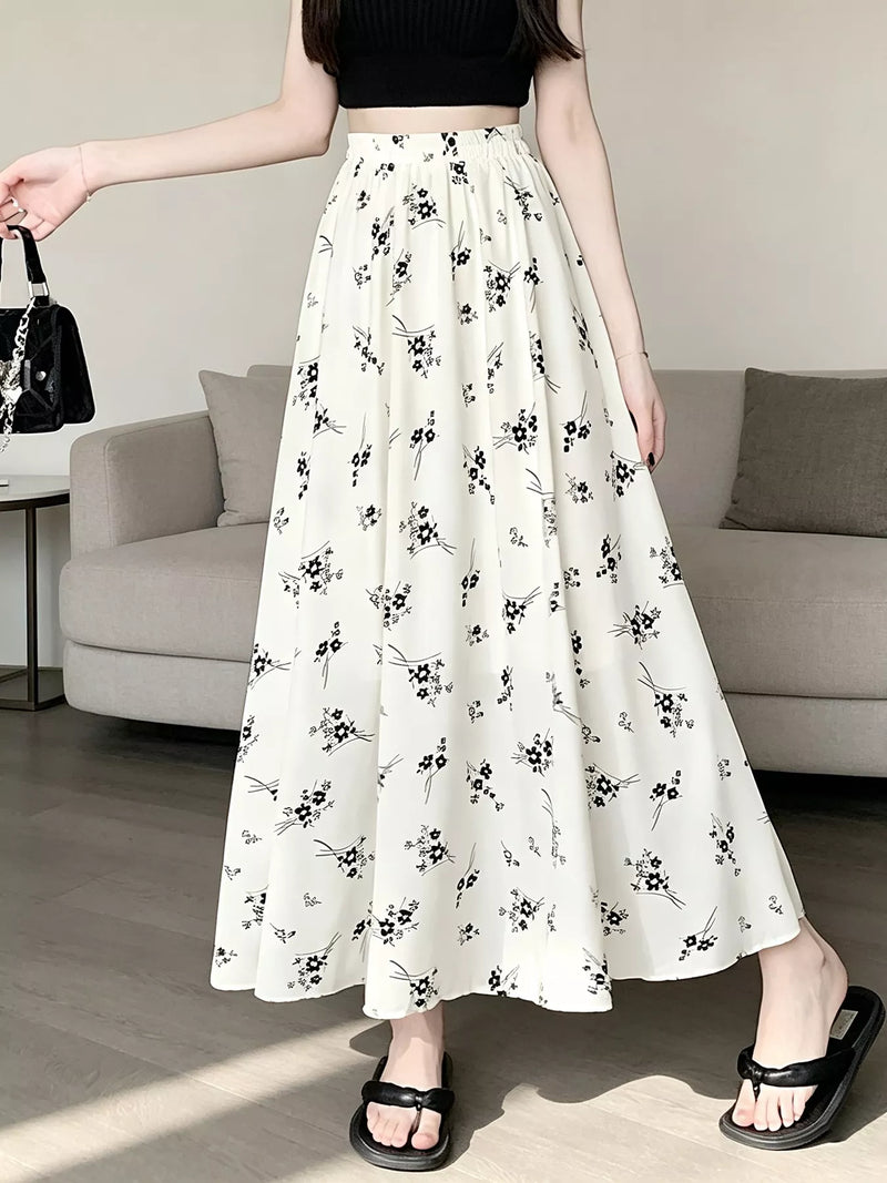 Floral A Line Maxi Skirt for Women with Elastic High Waist in White, walking view