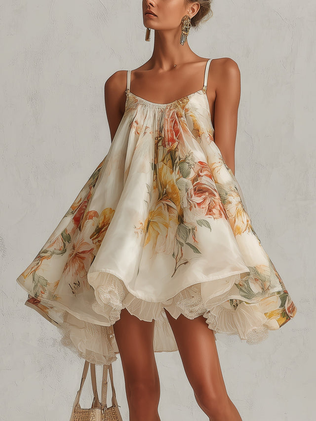 Floral A-Line Mini Dress for Women with Lace Trim and Spaghetti Straps in Beige, front view