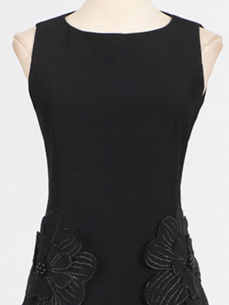 Floral Applique Mini Dress for Women with Round Neck and A-Line Cut in Black, close-up