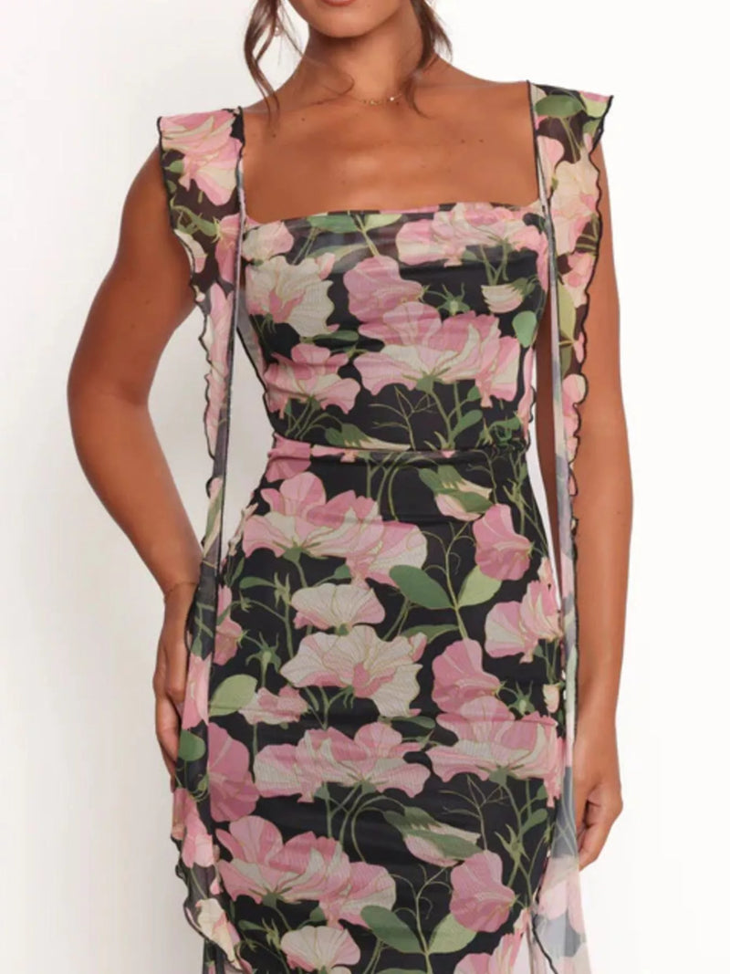 Floral Bodycon Maxi Dress for Women with Ruffle Straps and Square Neck in Black, close-up