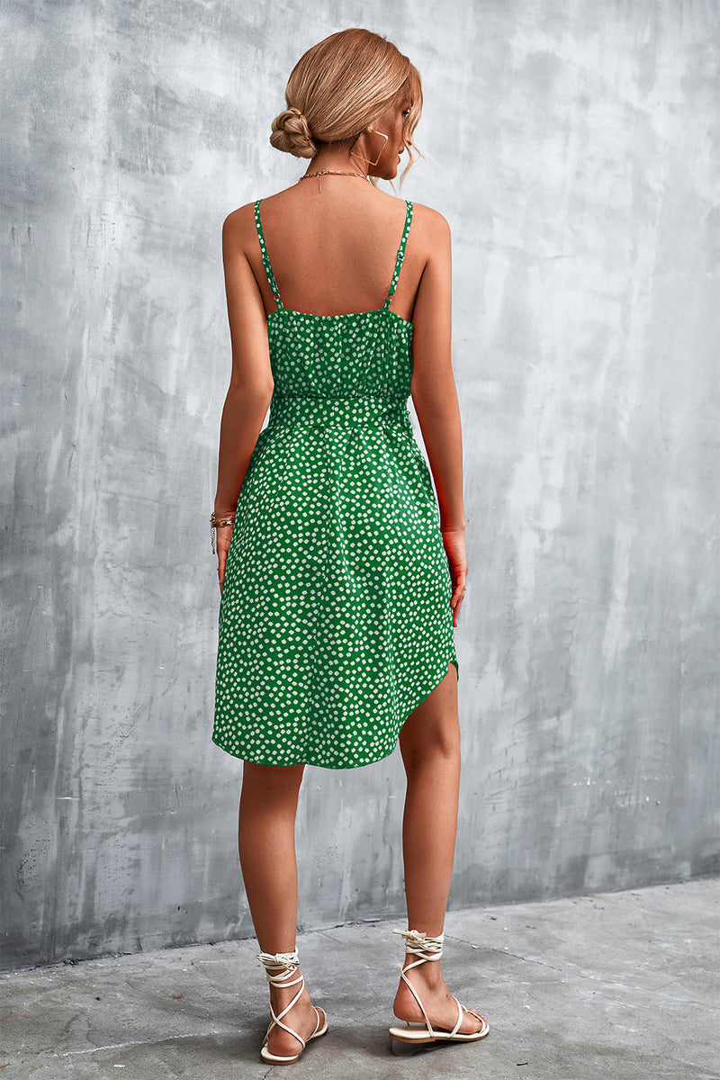 Floral Cami Sundress for Women with Tie Waist and Curved Split Hem in Green, back view