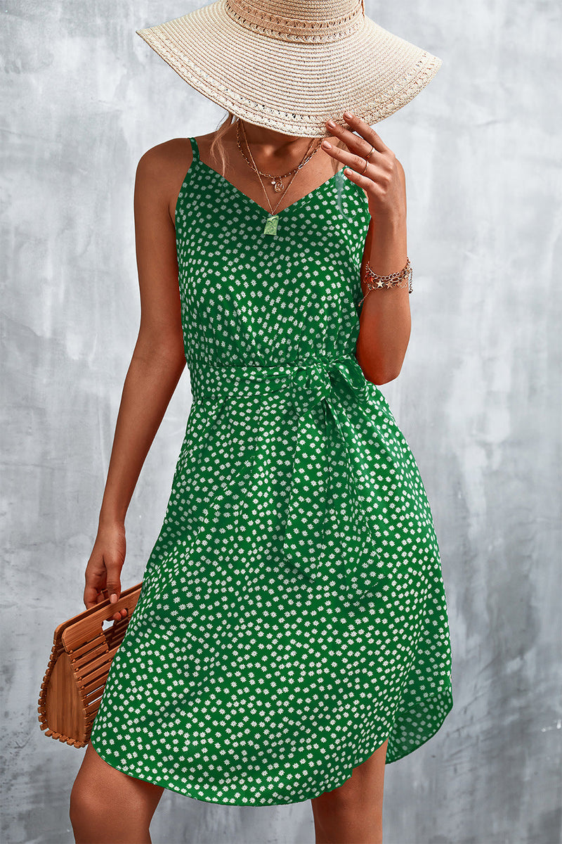 Floral Cami Sundress for Women with Tie Waist and Curved Split Hem in Green, front view