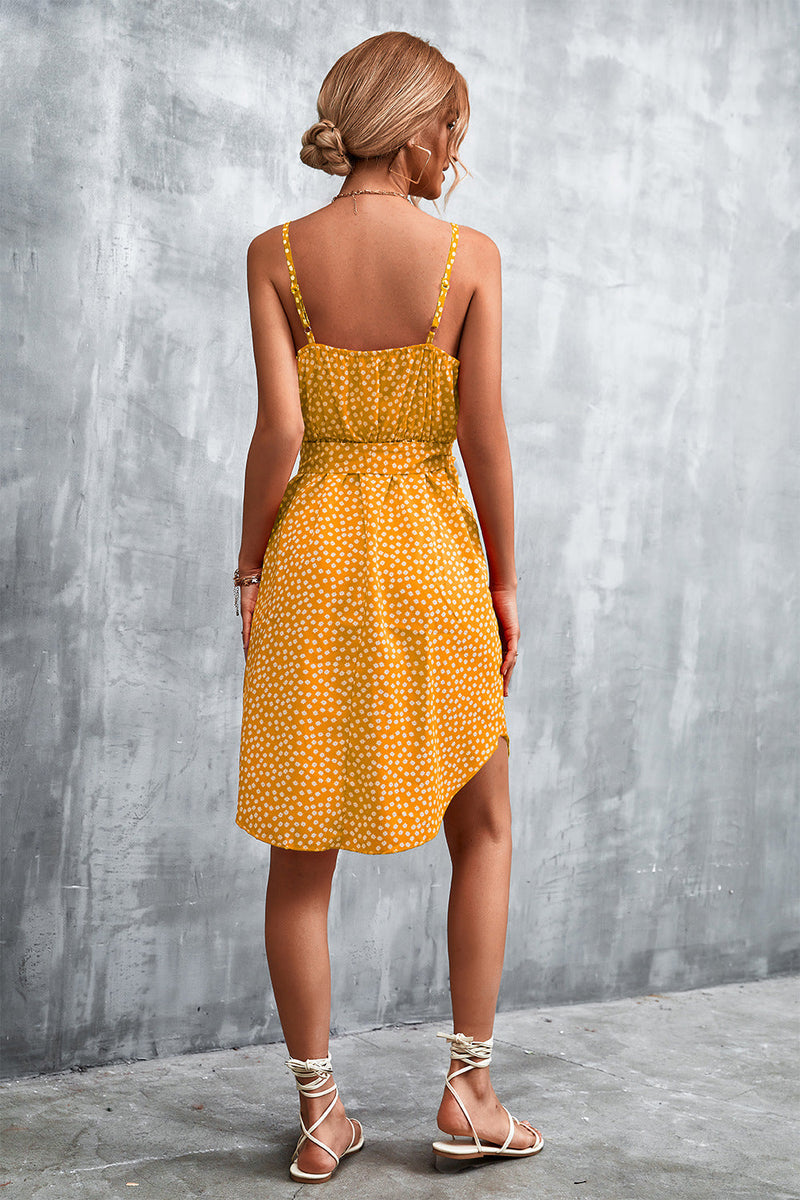 Floral Cami Sundress for Women with Tie Waist and Curved Split Hem in Mustard, back view