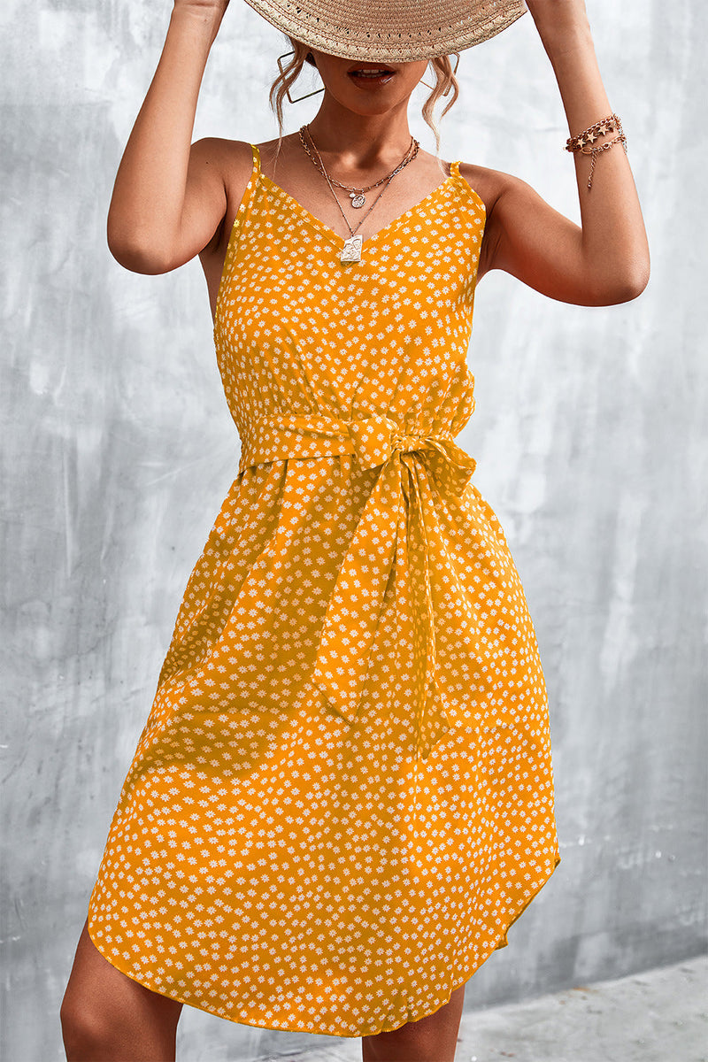 Floral Cami Sundress for Women with Tie Waist and Curved Split Hem in Mustard, close-up