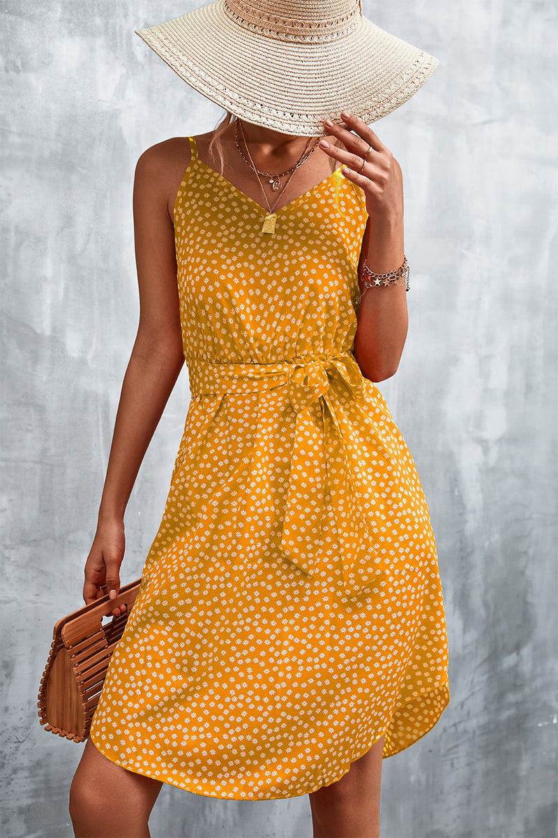 Floral Cami Sundress for Women with Tie Waist and Curved Split Hem in Mustard, front view