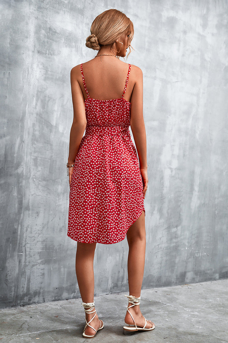 Floral Cami Sundress for Women with Tie Waist and Curved Split Hem in Red, back view
