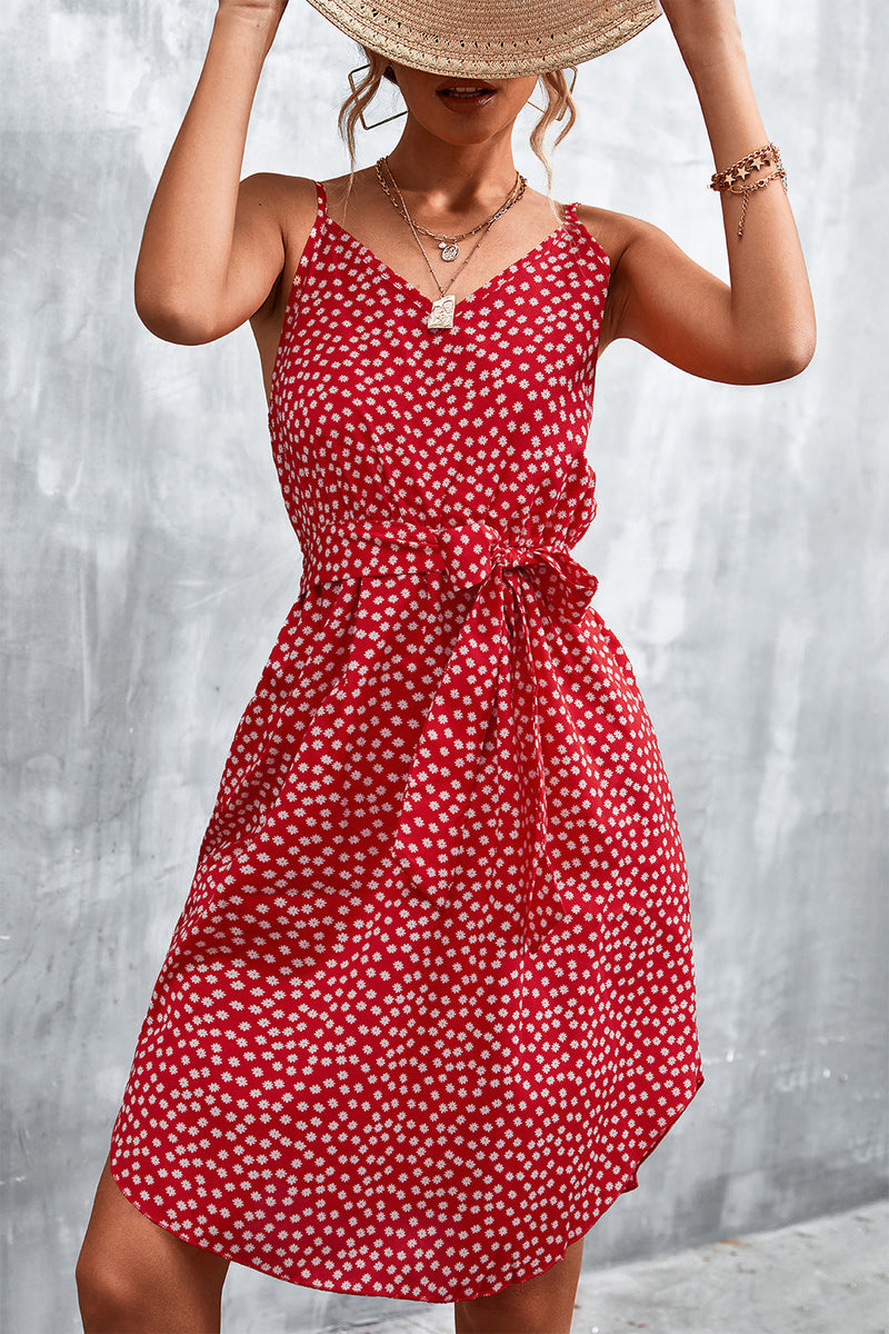 Floral Cami Sundress for Women with Tie Waist and Curved Split Hem in Red, close-up