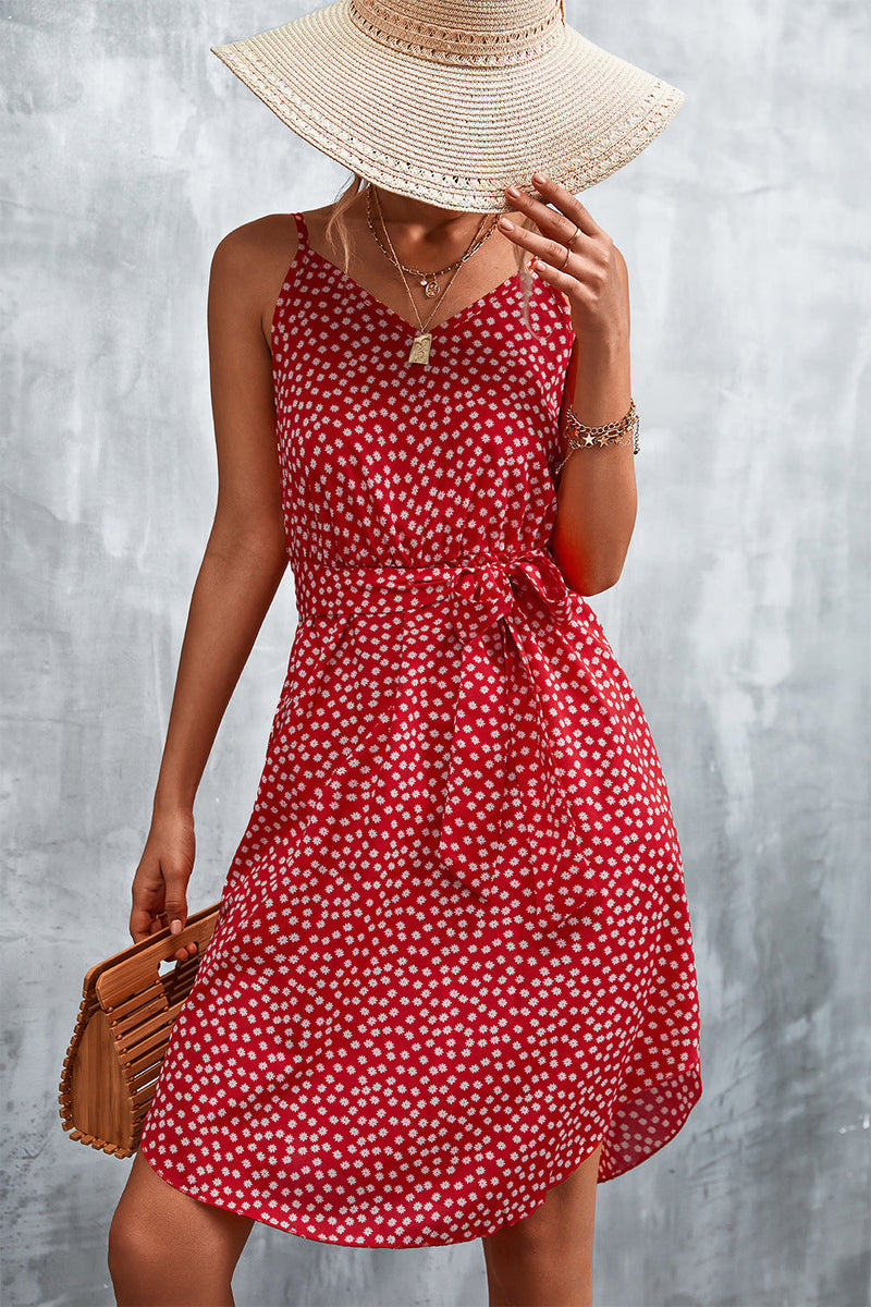 Floral Cami Sundress for Women with Tie Waist and Curved Split Hem in Red, front view