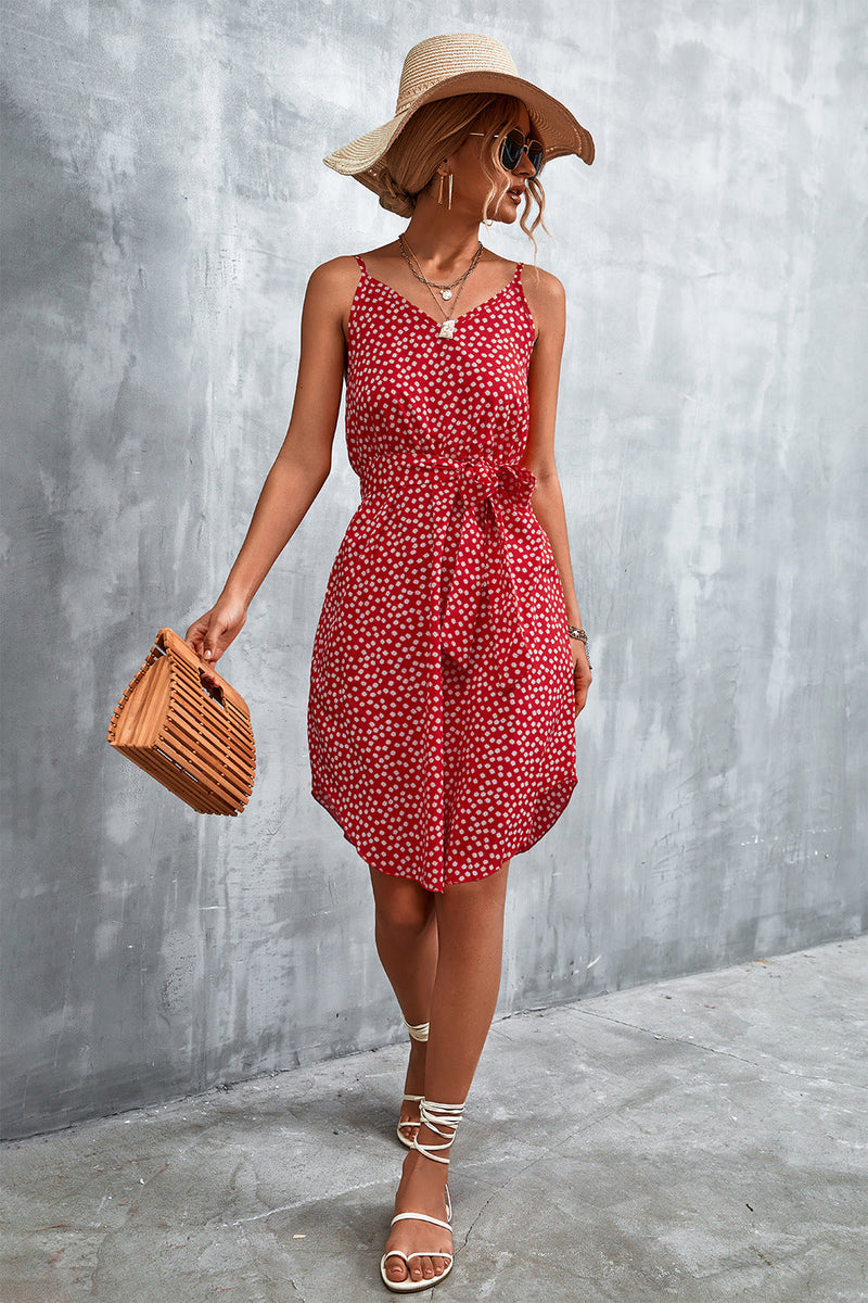 Floral Cami Sundress for Women with Tie Waist and Curved Split Hem in Red, full length view