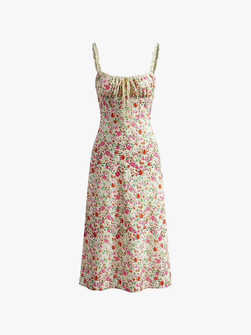 Floral Cami Midi Dress for Women with Tie Front and Lace Trim Straps in Cream, flat lay front