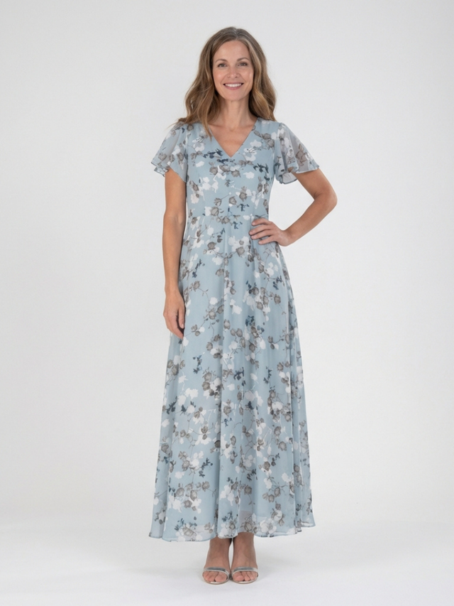 Floral Chiffon Maxi Dress for Women with V-Neck and Flutter Sleeves in Sky Blue, front view