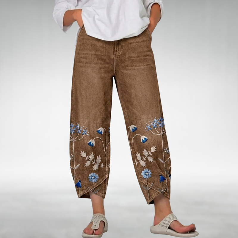 Floral Cropped Pants for Women with Tulip Hem and Elastic Waist in Brown, front view