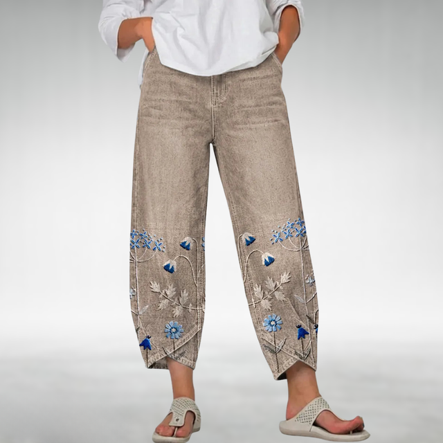 Floral Cropped Pants for Women with Tulip Hem and Elastic Waist in Khaki, front view