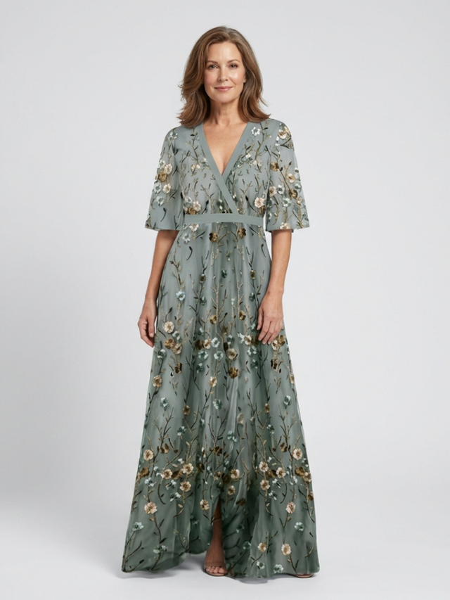 Floral Embroidered Maxi Dress for Women with V-Neck and Short Sleeves in Sage Green, front view