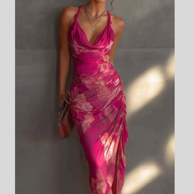 Floral Halter Midi Dress for Women with Cowl Neck and Ruched Side Slit in Hot Pink, front view