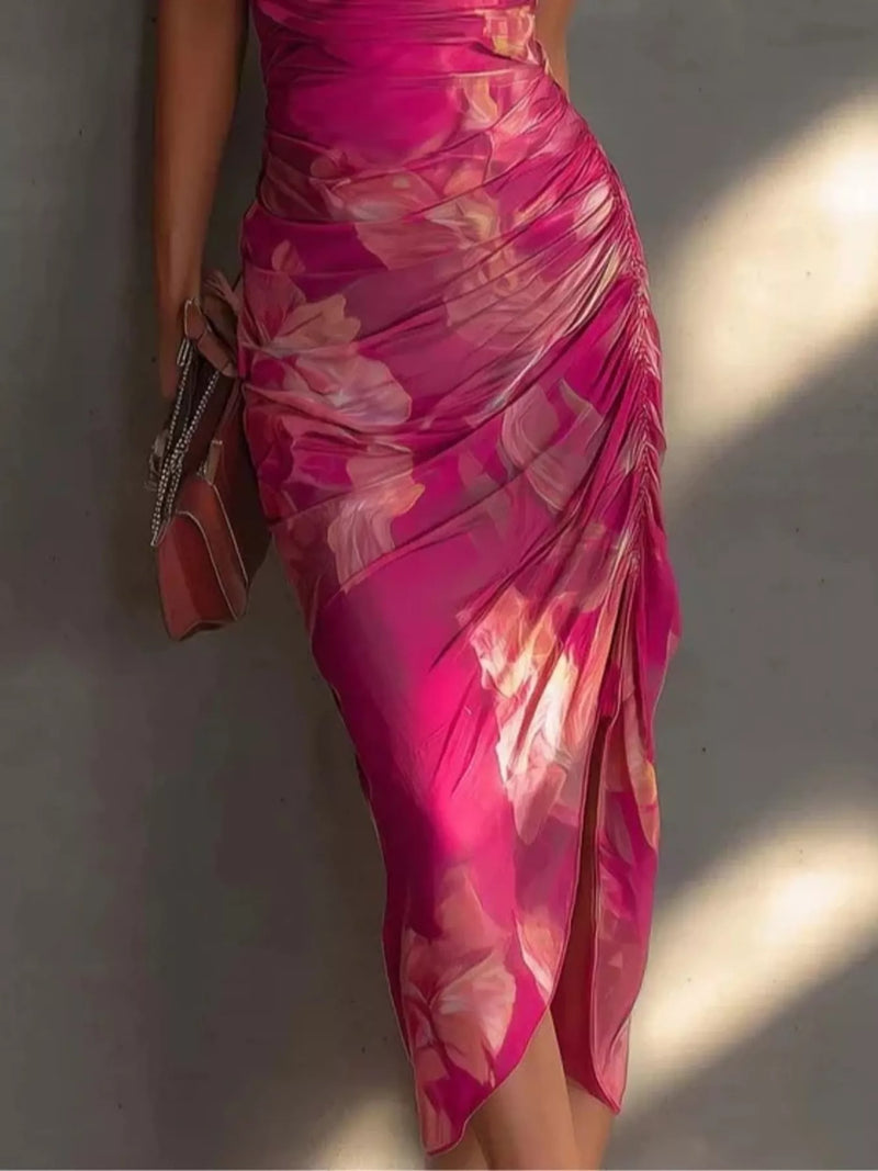 Floral Halter Midi Dress for Women with Cowl Neck and Ruched Side Slit in Hot Pink, ruching detail