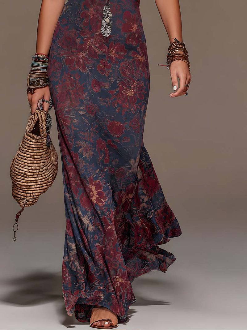 Floral Halter Maxi Dress for Women with Lace Bodice and Fishtail Hem in Navy, skirt detail
